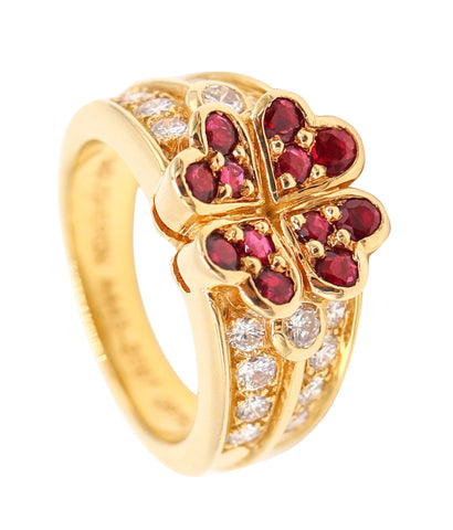 BOUCHERON Paris Clover Ring In 18Kt Gold With 1.94 Ctw In Diamonds & Rubies