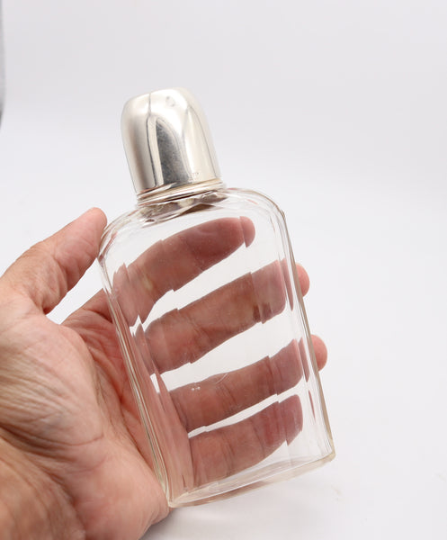 AMERICAN 1920 Art Deco Skyscraper Liquor Flask In Cut Glass & 925 Sterling Silver