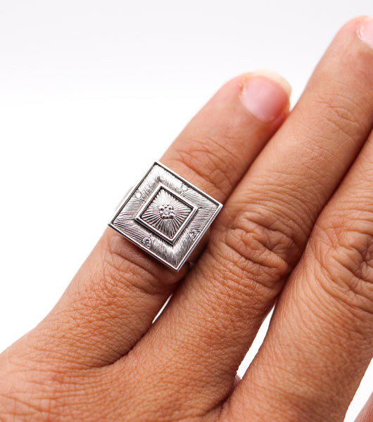 BUCCELLATI Etched Squared Cocktail Ring In 18Kt White Gold With Diamonds