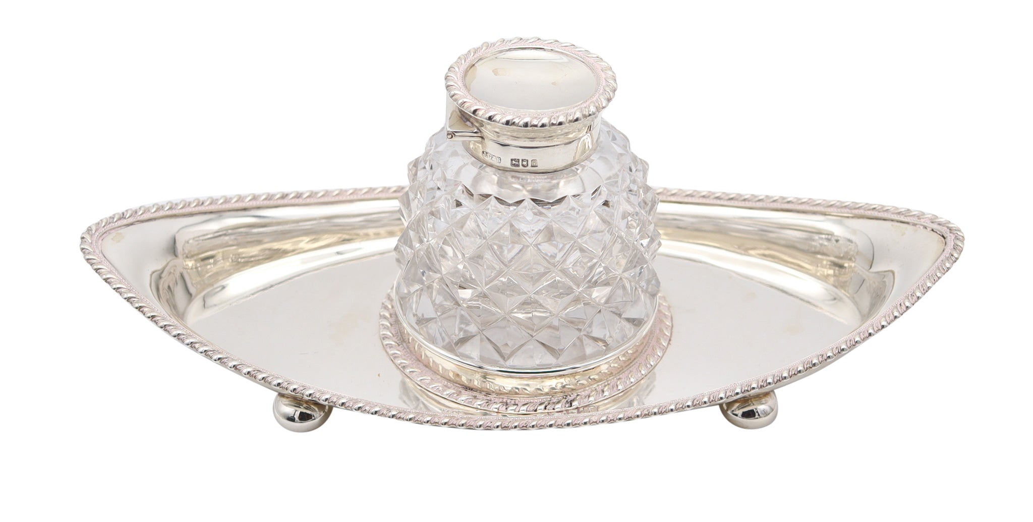 JOHN GRINSELL & SONS 1904 Edwardian Cut Crystal Inkwell Desk Tray In .925 Sterling