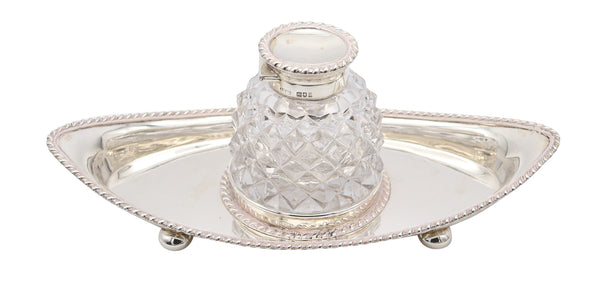 JOHN GRINSELL & SONS 1904 Edwardian Cut Crystal Inkwell Desk Tray In .925 Sterling