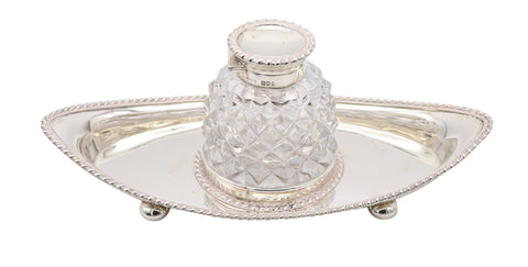 JOHN GRINSELL & SONS 1904 Edwardian Cut Crystal Inkwell Desk Tray In .925 Sterling