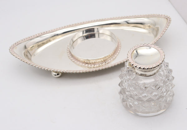 JOHN GRINSELL & SONS 1904 Edwardian Cut Crystal Inkwell Desk Tray In .925 Sterling