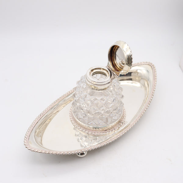 JOHN GRINSELL & SONS 1904 Edwardian Cut Crystal Inkwell Desk Tray In .925 Sterling