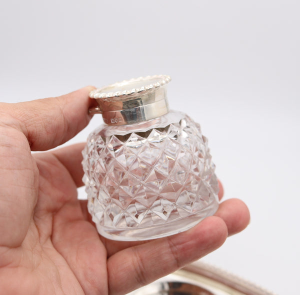 JOHN GRINSELL & SONS 1904 Edwardian Cut Crystal Inkwell Desk Tray In .925 Sterling