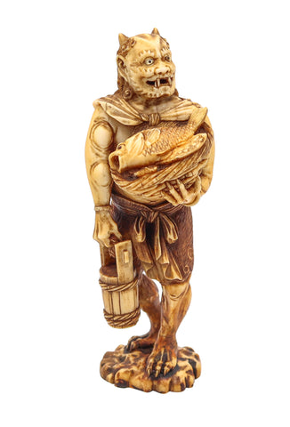 JAPAN 1880 Meiji Signed Okimono Sculpture Of ONI Demon Holding Basket With Fish