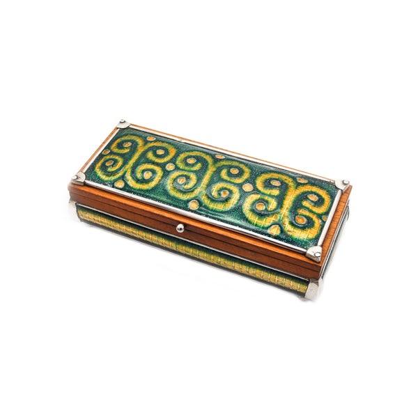 -Spain 1960 Barcelona Mid Century Modernist Enameled Box In Wood And 915 Sterling