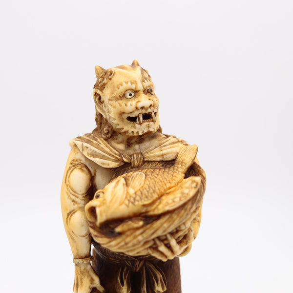 JAPAN 1880 Meiji Signed Okimono Sculpture Of ONI Demon Holding Basket With Fish