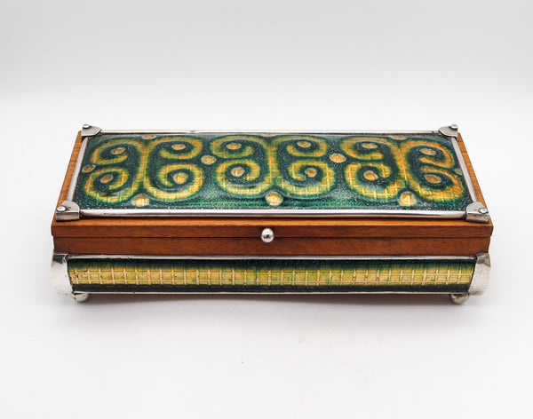 -Spain 1960 Barcelona Mid Century Modernist Enameled Box In Wood And 915 Sterling