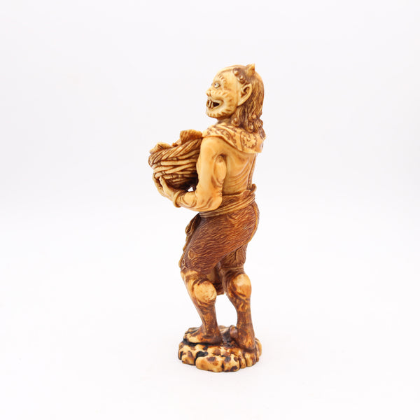 JAPAN 1880 Meiji Signed Okimono Sculpture Of ONI Demon Holding Basket With Fish