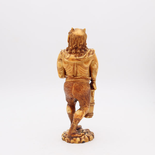 JAPAN 1880 Meiji Signed Okimono Sculpture Of ONI Demon Holding Basket With Fish
