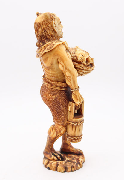 JAPAN 1880 Meiji Signed Okimono Sculpture Of ONI Demon Holding Basket With Fish