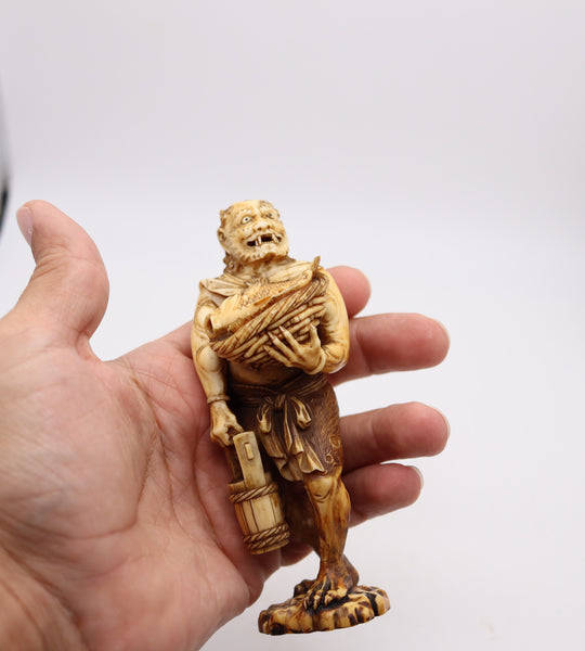 JAPAN 1880 Meiji Signed Okimono Sculpture Of ONI Demon Holding Basket With Fish