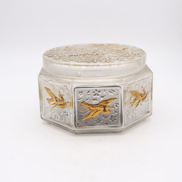JULIEN VIARD 1920 Paris Art Deco Frosted Embossed Glass Lidded Vase With 18Kt Gilt