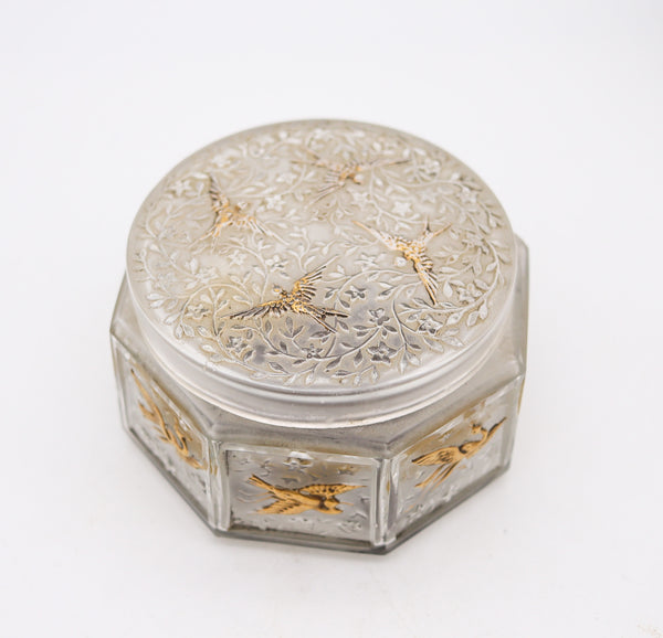 JULIEN VIARD 1920 Paris Art Deco Frosted Embossed Glass Lidded Vase With 18Kt Gilt