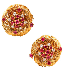 VERDURA 1960 Clips On Earrings In 18Kt Yellow Gold With 2.02 Ctw Diamonds & Rubies