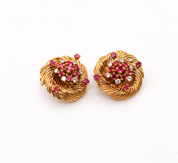 VERDURA 1960 Clips On Earrings In 18Kt Yellow Gold With 2.02 Ctw Diamonds & Rubies