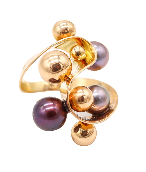SPANISH Barcelona 1970 Modernist Cocktail Ring In 18Kt Gold With Pearls