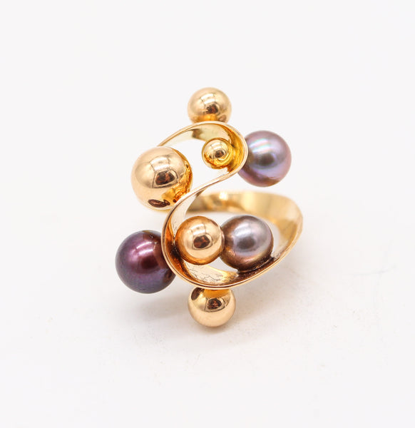 SPANISH Barcelona 1970 Modernist Cocktail Ring In 18Kt Gold With Pearls