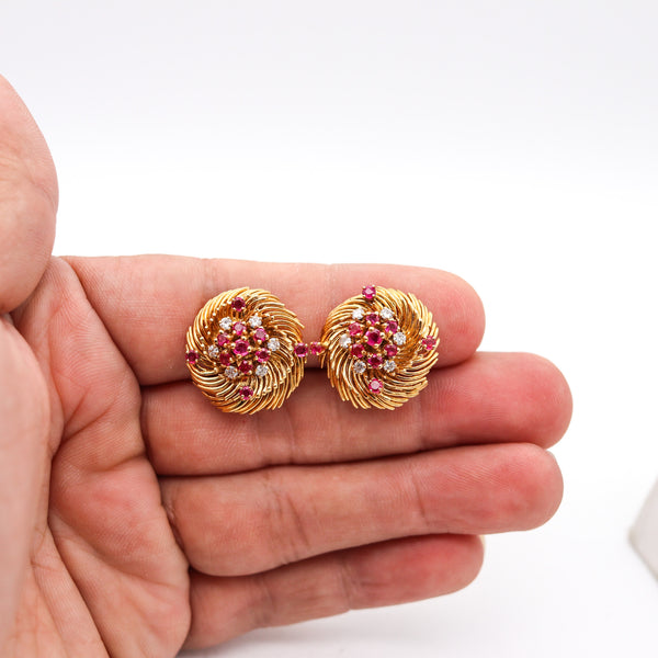 VERDURA 1960 Clips On Earrings In 18Kt Yellow Gold With 2.02 Ctw Diamonds & Rubies