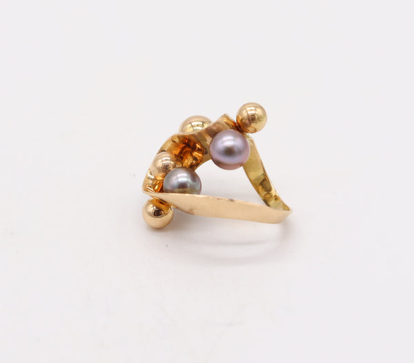SPANISH Barcelona 1970 Modernist Cocktail Ring In 18Kt Gold With Pearls