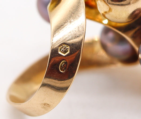 SPANISH Barcelona 1970 Modernist Cocktail Ring In 18Kt Gold With Pearls