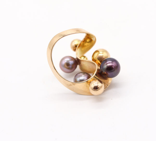 SPANISH Barcelona 1970 Modernist Cocktail Ring In 18Kt Gold With Pearls