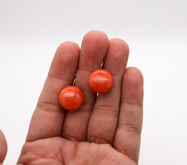 -Neapolitan 1950 Italian Coral buttons Earrings In I8Kt Yellow Gold