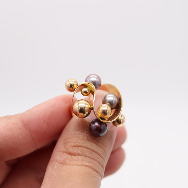 SPANISH Barcelona 1970 Modernist Cocktail Ring In 18Kt Gold With Pearls