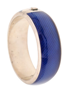 ITALIAN 1970 Modernist Guilloche "Blue" Enamel Bangle Bracelet In 925 Sterling Silver