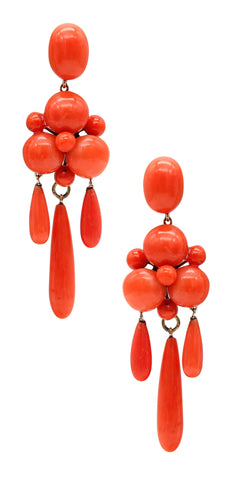 -Victorian 1890 Italian Dangle Drop Earrings In I4Kt Yellow Gold With Red Corals