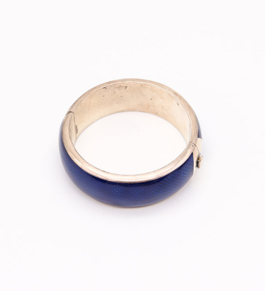 ITALIAN 1970 Modernist Guilloche "Blue" Enamel Bangle Bracelet In 925 Sterling Silver