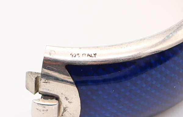 ITALIAN 1970 Modernist Guilloche "Blue" Enamel Bangle Bracelet In 925 Sterling Silver