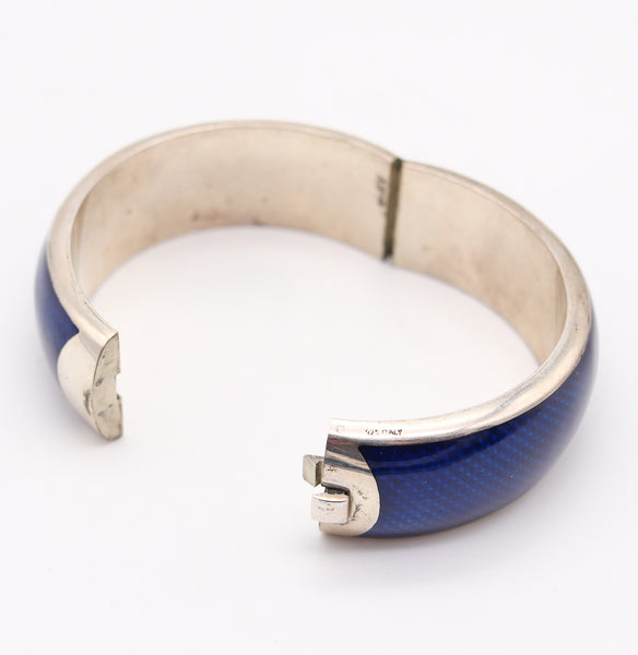 ITALIAN 1970 Modernist Guilloche "Blue" Enamel Bangle Bracelet In 925 Sterling Silver