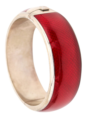 ITALIAN 1970 Modernist Guilloche "Red" Enamel Bangle Bracelet In 925 Sterling Silver
