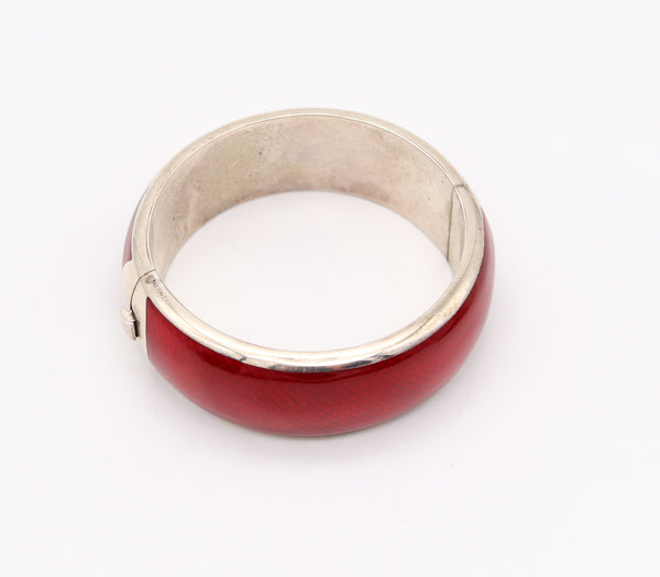 ITALIAN 1970 Modernist Guilloche "Red" Enamel Bangle Bracelet In 925 Sterling Silver
