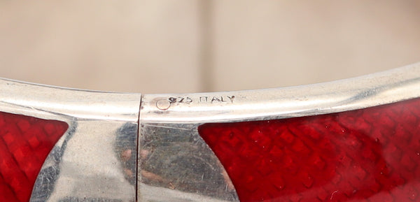 ITALIAN 1970 Modernist Guilloche "Red" Enamel Bangle Bracelet In 925 Sterling Silver