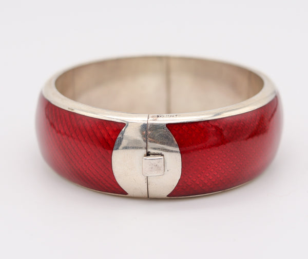 ITALIAN 1970 Modernist Guilloche "Red" Enamel Bangle Bracelet In 925 Sterling Silver