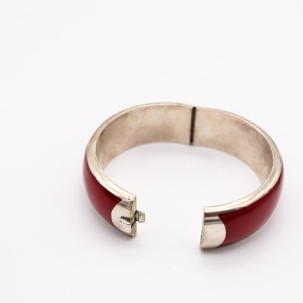 ITALIAN 1970 Modernist Guilloche "Red" Enamel Bangle Bracelet In 925 Sterling Silver