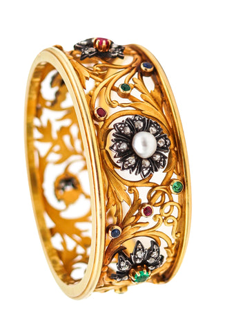 -French 1890 Art Nouveau Bangle Bracelet In 18Kt Yellow Gold With Gemstones