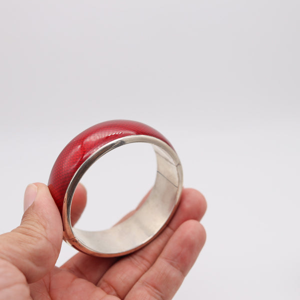 ITALIAN 1970 Modernist Guilloche "Red" Enamel Bangle Bracelet In 925 Sterling Silver