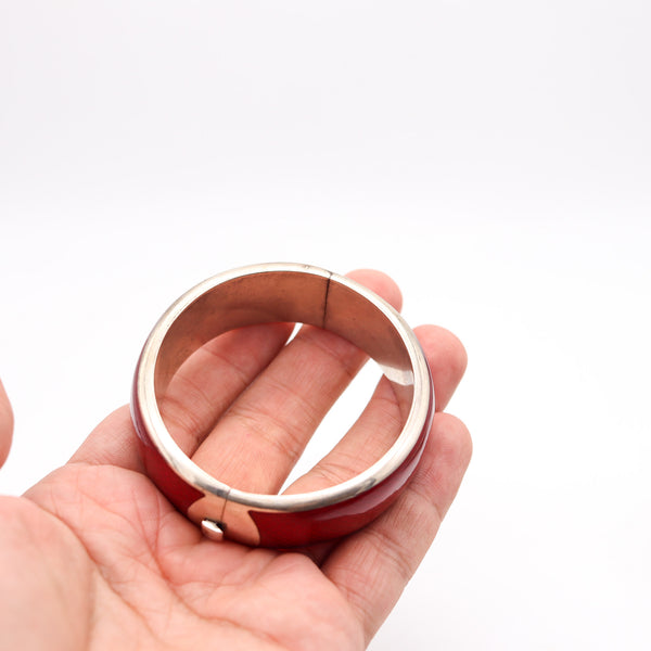 ITALIAN 1970 Modernist Guilloche "Red" Enamel Bangle Bracelet In 925 Sterling Silver