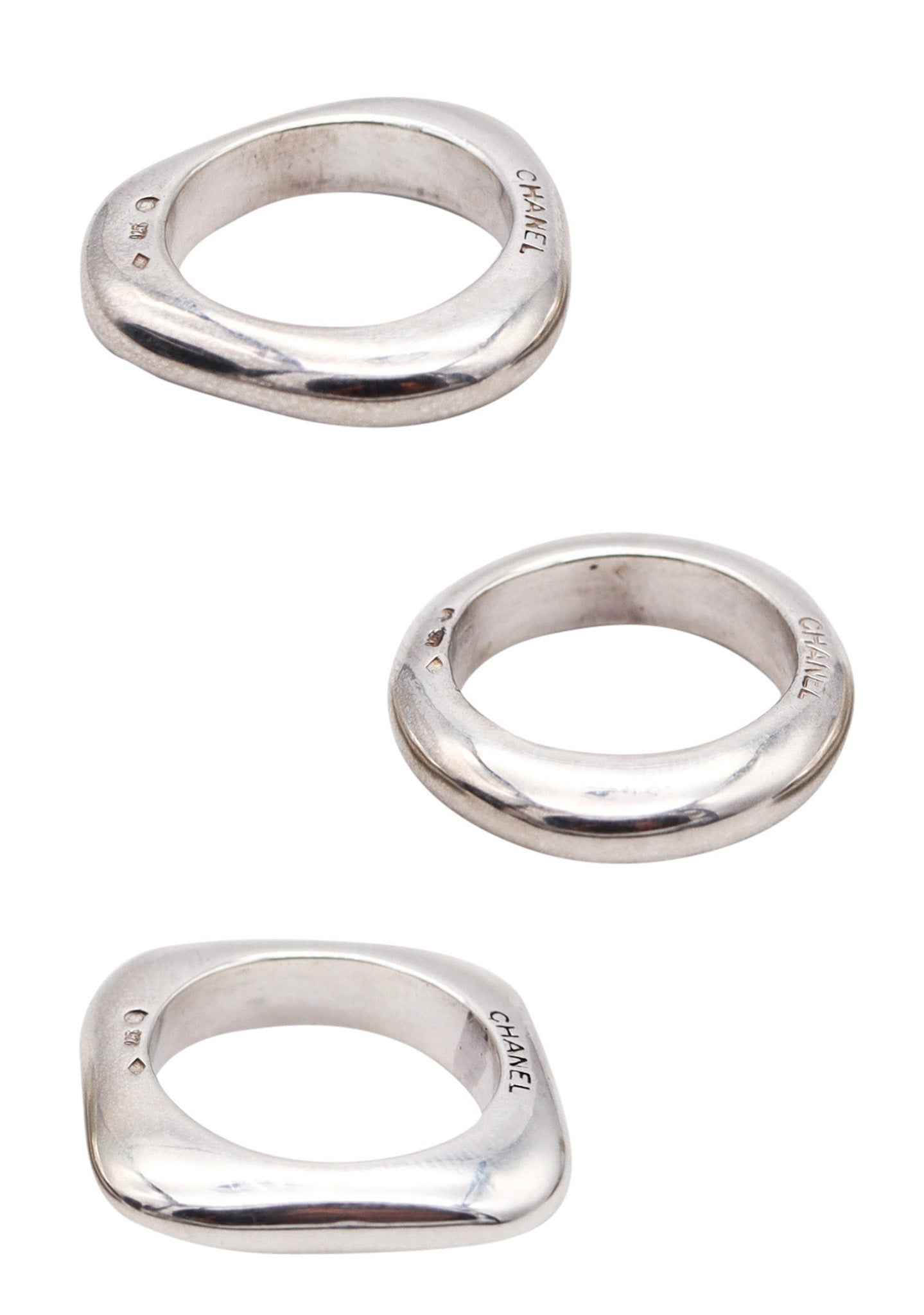 CHANEL PARIS Trio of Geometric Rings In Polished Solid .925 Sterling Silver