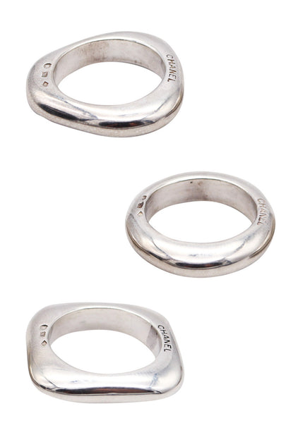 CHANEL PARIS Trio of Geometric Rings In Polished Solid .925 Sterling Silver