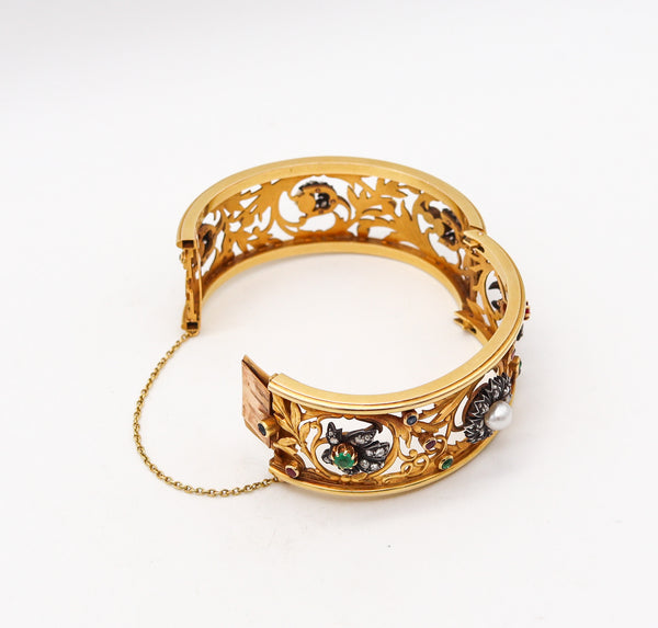 -French 1890 Art Nouveau Bangle Bracelet In 18Kt Yellow Gold With Gemstones
