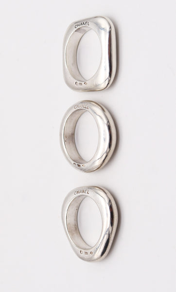 CHANEL PARIS Trio of Geometric Rings In Polished Solid .925 Sterling Silver