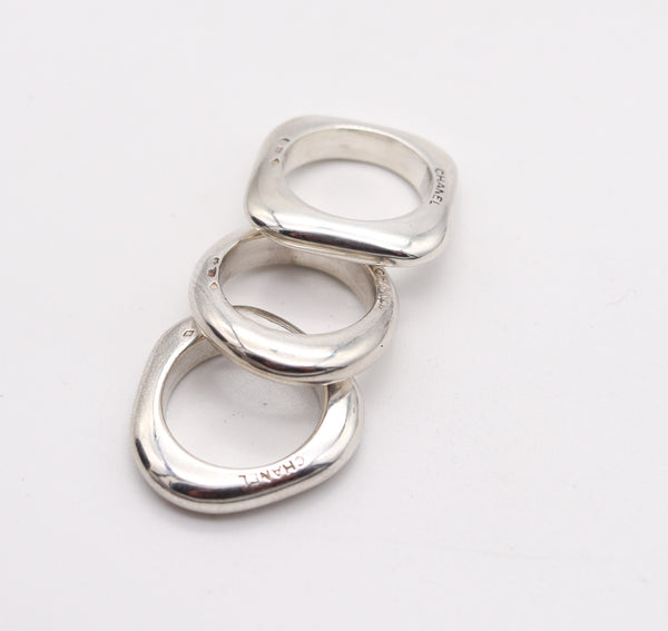 CHANEL PARIS Trio of Geometric Rings In Polished Solid .925 Sterling Silver