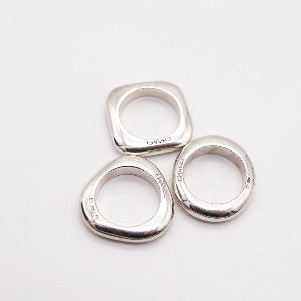 CHANEL PARIS Trio of Geometric Rings In Polished Solid .925 Sterling Silver