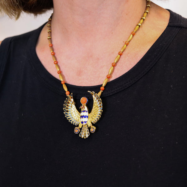 -Egyptian Revival Plique à Jour Enameled Horus Necklace In 18Kt Gold With Coral