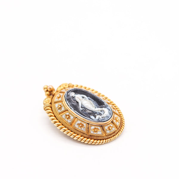 ERNEST PIERRET 1880 Etruscan Micro Mosaic Pendant Brooch In 18Kt Gold & Sardonyx